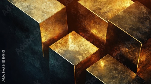 Abstract 3D rendering of black and gold cubes arranged in a geometric pattern, creating a modern, futuristic, and luxurious aesthetic. photo