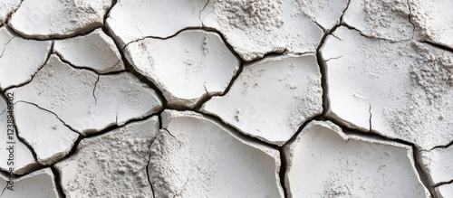 Cracked dry white surface texture pattern for backgrounds with uneven shapes and copy space photo