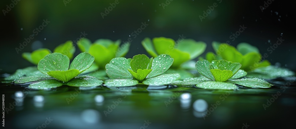 Green water plants with droplets on leaves floating on a calm water surface in a natural environment with soft focus and depth of field Green water plants with droplets on leaves floating on a calm water surface in a natural environment with soft focus and depth of field