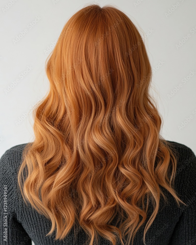 Fototapeta premium Wavy orange hair with dark grey sweater against a white background studio shot