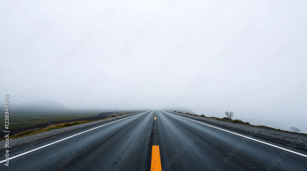 Naklejka premium Empty asphalt road disappearing into the fog on a cloudy day