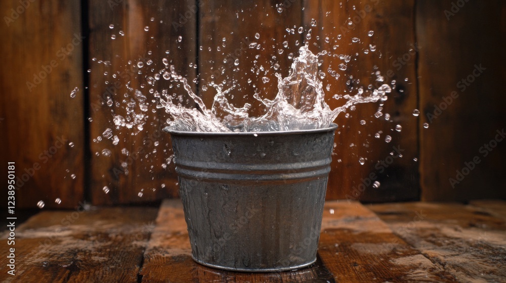Water Splashing from a Metal Bucket on Wooden Background Water Splashing from a Metal Bucket on Wooden Background