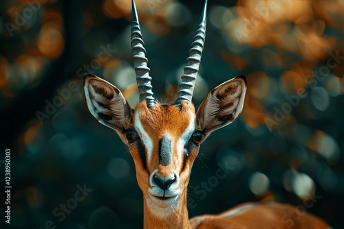 Beautiful gazelle with large, expressive eyes and impressive horns is looking directly at us in a natural environment