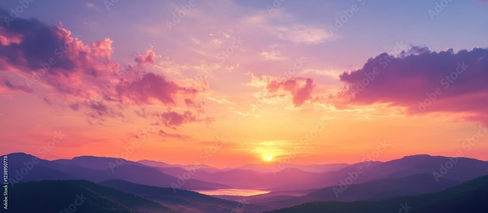 Fototapeta premium Colorful sunset over rolling mountains with layered peaks and a serene sky, featuring clouds and a lake in the distance, Copy Space