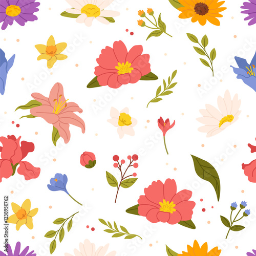 Spring seamless pattern with flowers. Floral botanical elements for wrapping, packaging design in flat style. Floral plant branches, stems with blooming blossoms and leaf. Tulips, snowdrops, crocuses