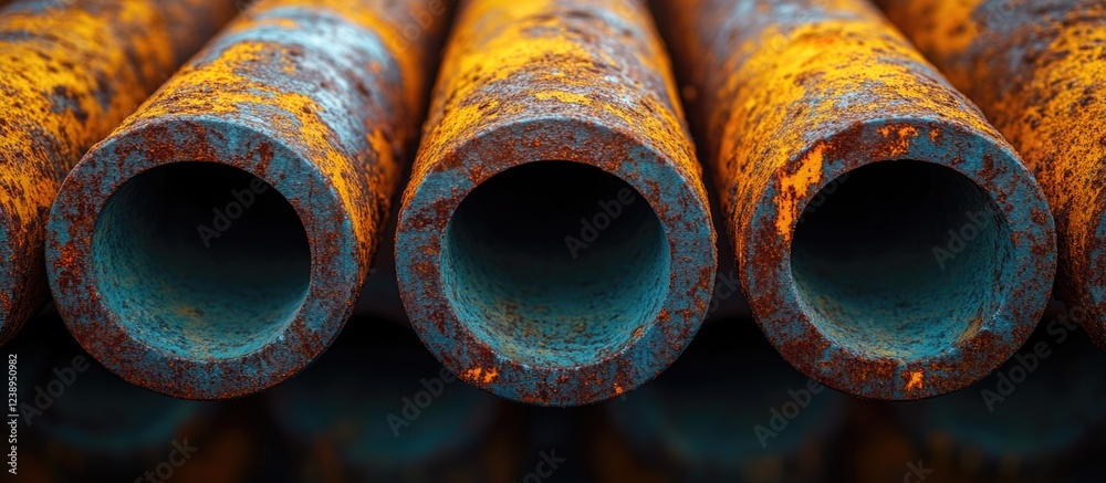Close-up of rusty metal pipes with blue and orange rust patterns arranged in a row on a dark surface with Copy Space. Close-up of rusty metal pipes with blue and orange rust patterns arranged in a row on a dark surface with Copy Space.