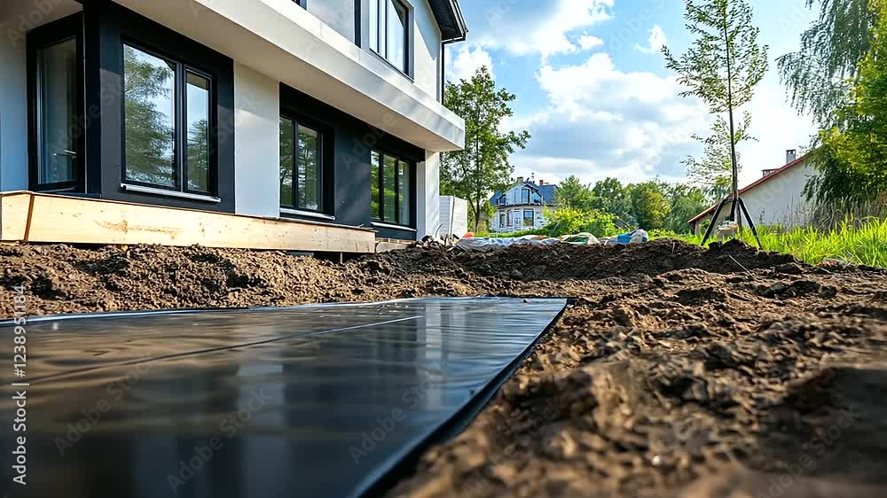 A modern house foundation with a durable waterproofing membrane, with drainage pipes and insulation panels visible in the background.