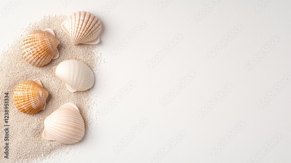 Assorted Seashells on Fine Sand Against a Clean White Background for Coastal Theme Design