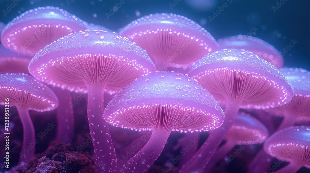 Glowing pink mushrooms in a dark forest. Glowing pink mushrooms in a dark forest.