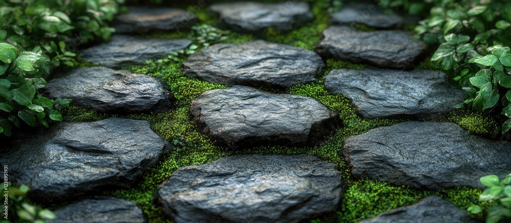 Stone pathway covered in moss and surrounded by greenery with natural textures and details suitable for landscaping projects Copy Space Stone pathway covered in moss and surrounded by greenery with natural textures and details suitable for landscaping projects Copy Space