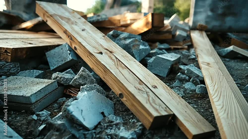 A partially collapsed foundation with broken concrete pieces and wooden reinforcements leaning precariously, symbolizing urgent repair needs. A partially collapsed foundation with broken concrete pieces and wooden reinforcements leaning precariously, symbolizing urgent repair needs.