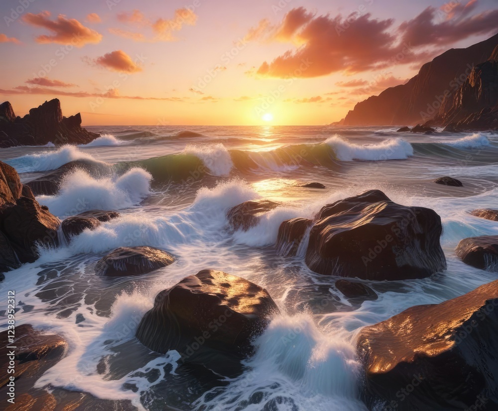 Ocean waves crashing on a rocky shore at sunset, sand, sun Ocean waves crashing on a rocky shore at sunset, sand, sun