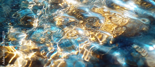 Abstract pattern of sunlight reflections and ripples on water surface with golden and blue hues ideal for backgrounds or textures Copy Space photo