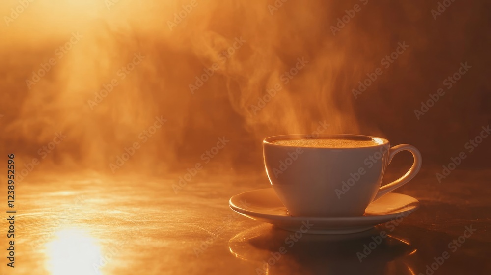 Steaming coffee cup on reflective surface with warm golden lighting creating a cozy atmosphere and soft steam rising above the cup Copy Space Steaming coffee cup on reflective surface with warm golden lighting creating a cozy atmosphere and soft steam rising above the cup Copy Space