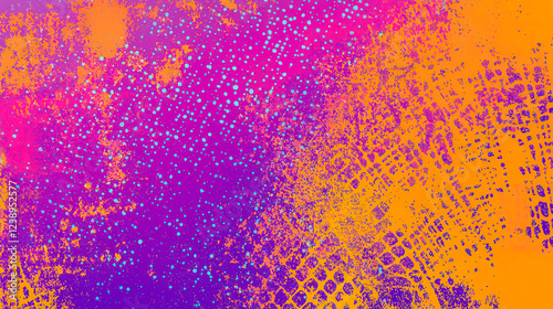 This vibrant abstract artwork showcases a striking fusion of orange and purple hues, accented by textured patterns and lively dot formations