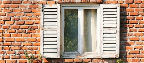 Close-up view of an old white wooden window with shutters on a rustic brick wall with greenery visible through the glass Copy Space