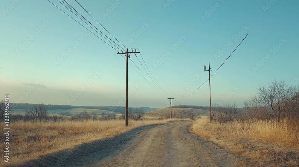 Rural Road With Power Lines And Winter Landscape Rural Road With Power Lines And Winter Landscape