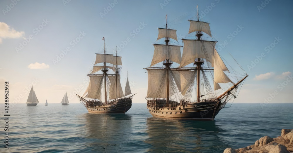 Naklejka premium Old sailing ship on a calm sea with sailboats and yachts in the background, yacht racing, maritime history
