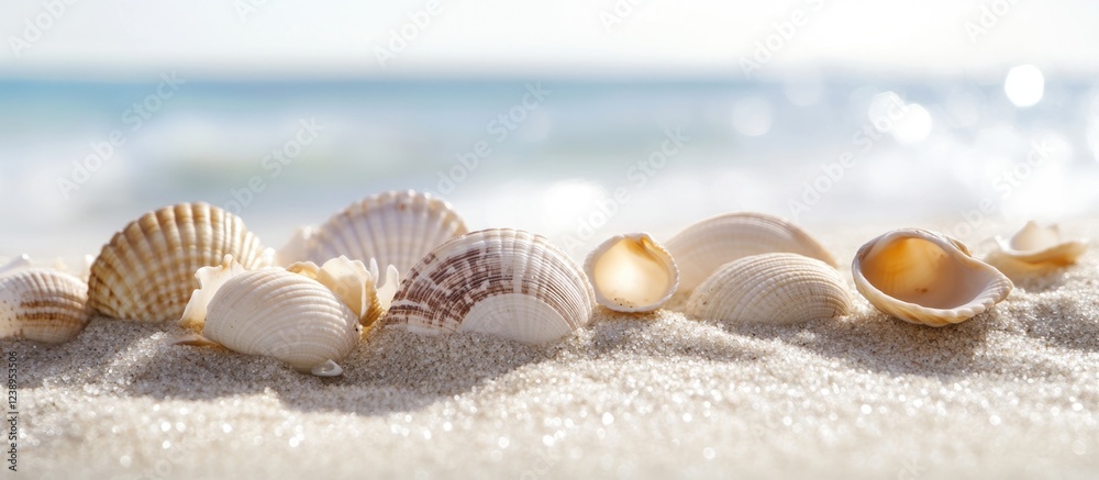 Assorted seashells on sandy beach with soft ocean waves in background and natural bokeh effect Copy Space Assorted seashells on sandy beach with soft ocean waves in background and natural bokeh effect Copy Space