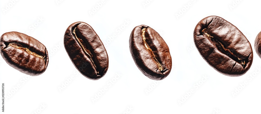 Obraz premium Coffee beans arranged in a row with smooth texture and rich brown color on a white background with Copy Space for text placement