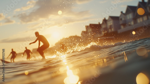 Surfers riding waves at sunset, creating vibrant scene with splashes and reflections. warm light enhances coastal atmosphere, capturing joy of surfing