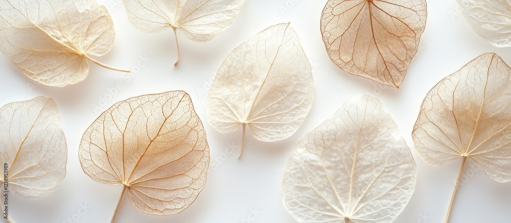 Dried translucent leaves with visible vein structure arranged on a light background with Copy Space Dried translucent leaves with visible vein structure arranged on a light background with Copy Space