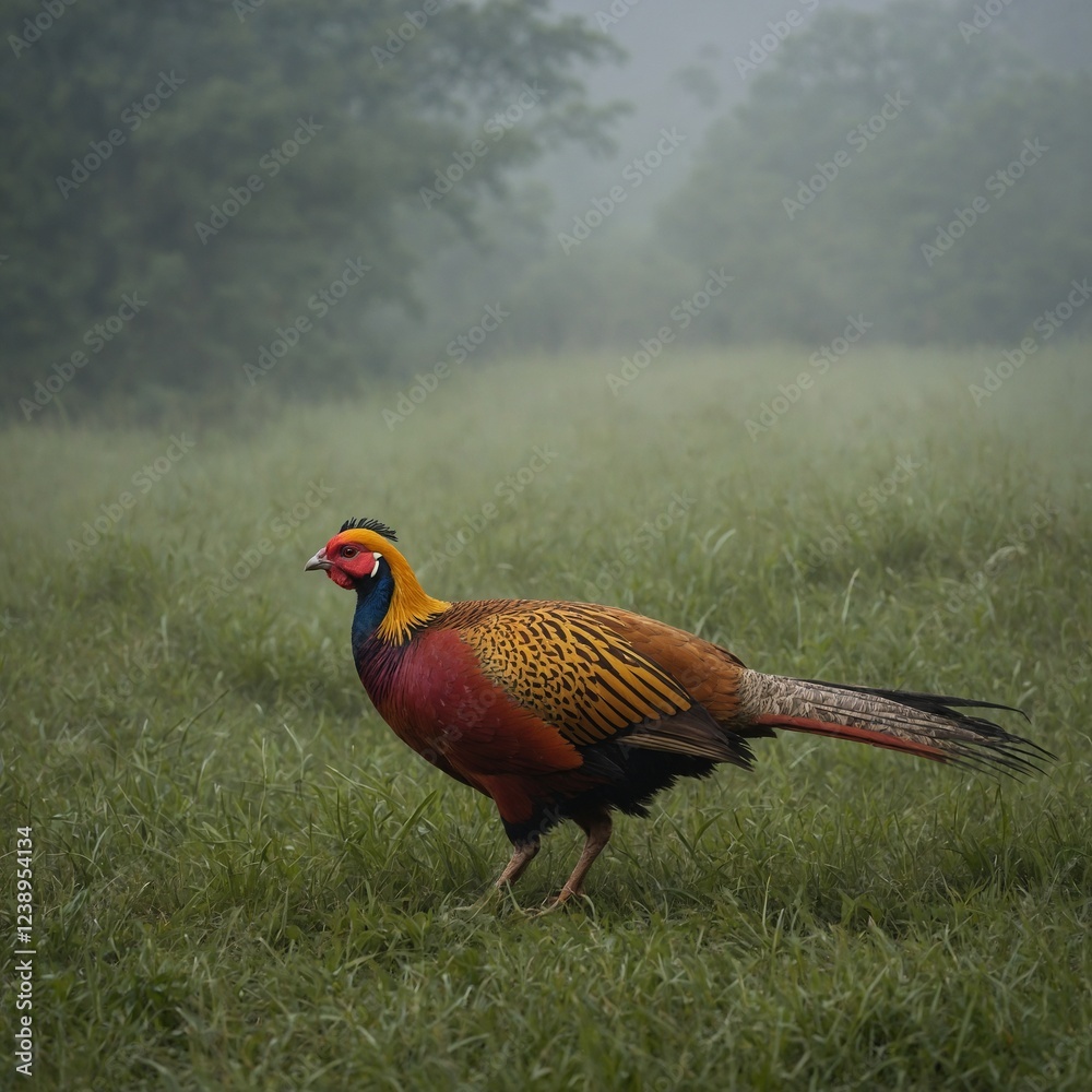 Fototapeta premium Picture a golden pheasant gliding through a misty morning meadow.