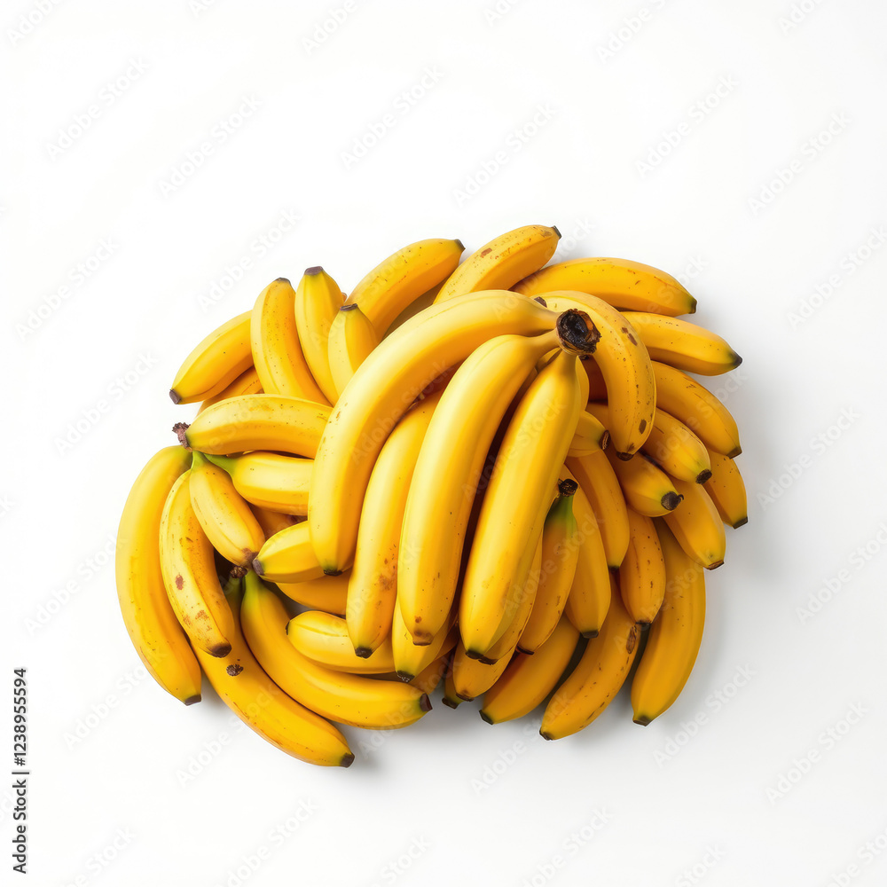 Overhead shot of a pile of yellow bananas forming a textured pattern on a plain white background, full frame, much, repeated, heap, bulk Overhead shot of a pile of yellow bananas forming a textured pattern on a plain white background, full frame, much, repeated, heap, bulk