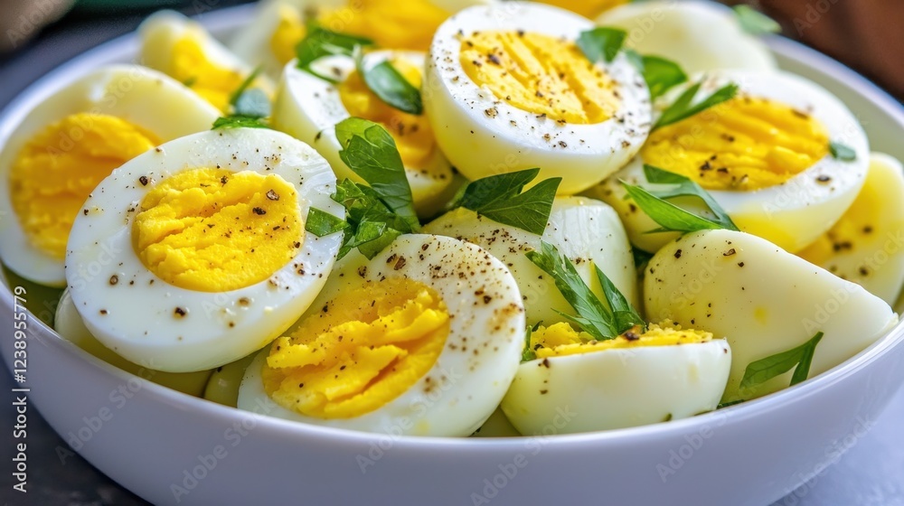 Sliced Boiled Eggs with Fresh Herbs and Spices Decoratively Arranged on a Plate Sliced Boiled Eggs with Fresh Herbs and Spices Decoratively Arranged on a Plate