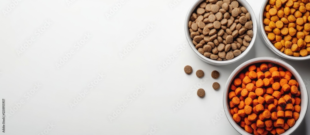 Pet food in three bowls on a white surface with pet food pieces scattered, Copy Space for text insertion. Pet food in three bowls on a white surface with pet food pieces scattered, Copy Space for text insertion.