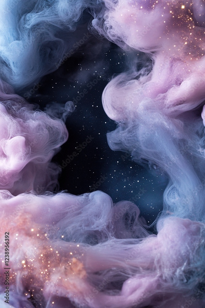 Fototapeta premium A cosmic-inspired border features swirling smoke in deep purples and blues, accented with shimmering silver. Star-like particles are subtly scattered, enhancing the mystical vibe