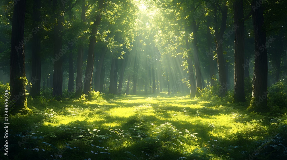 Fototapeta premium Sunbeams illuminate misty forest path, nature background, serenity