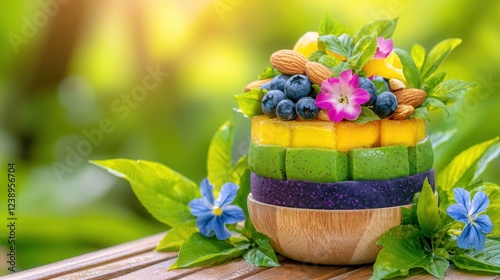 Colorful Layered Fruit Bowl with Nuts and Edible Flowers in Natural Setting