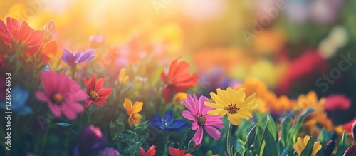 Vibrant flower garden with various colorful blossoms and soft sunlight natural background with copy space photo