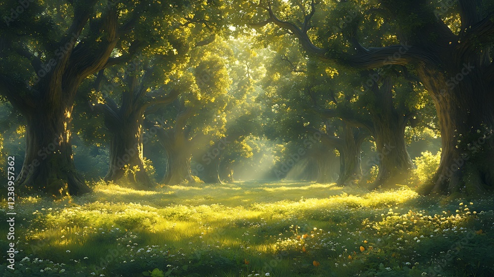 Obraz premium Sunlit forest path, green meadow, morning mist, peaceful nature, idyllic background, ideal for fantasy or nature projects