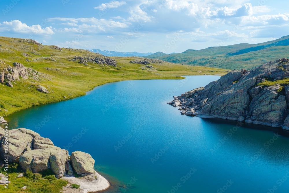 Obraz premium Serene Mountain Lake Landscape - A breathtaking view of a crystal-clear mountain lake nestled amidst rolling green hills and rocky outcrops under a bright blue sky.