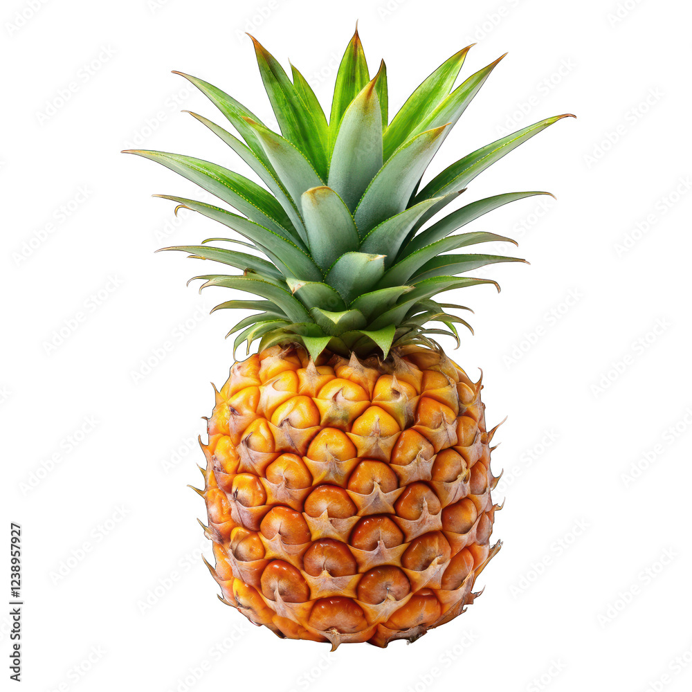 Fototapeta premium Ripe yellow pineapple fruit isolated on food diet sweet juicy green plant on transparent background