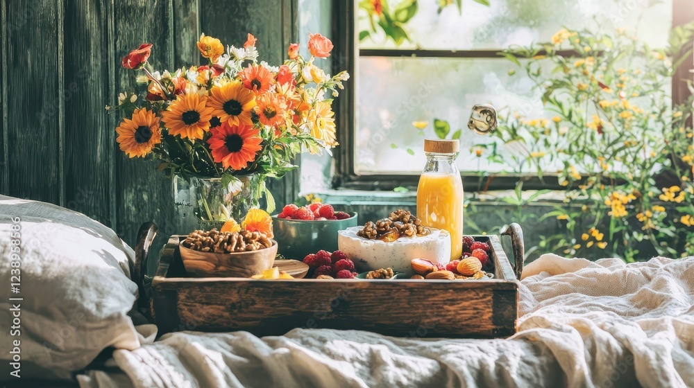 Fototapeta premium Bright and Inviting Breakfast Tray with Fresh Flowers and Fruits on a Cozy Bed
