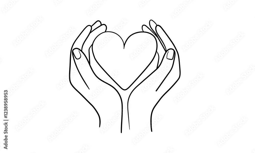 Hands with heart continuous line art drawing isolated on white background. Charity and help. Vector illustration Hands with heart continuous line art drawing isolated on white background. Charity and help. Vector illustration
