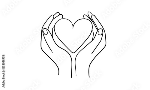 Hands with heart continuous line art drawing isolated on white background. Charity and help. Vector illustration