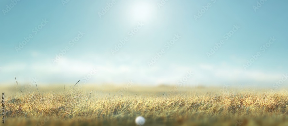 Golf ball on grass field with bright sky and sunlight in background suitable for nature and sports themes Copy Space Golf ball on grass field with bright sky and sunlight in background suitable for nature and sports themes Copy Space