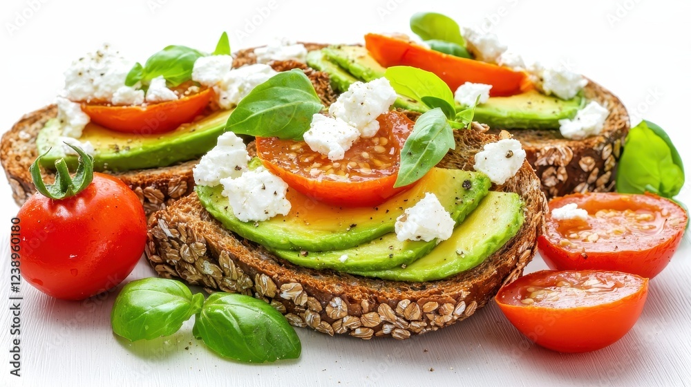 Fresh Avocado Toast with Cherry Tomatoes and Basil on Whole Grain Bread Fresh Avocado Toast with Cherry Tomatoes and Basil on Whole Grain Bread