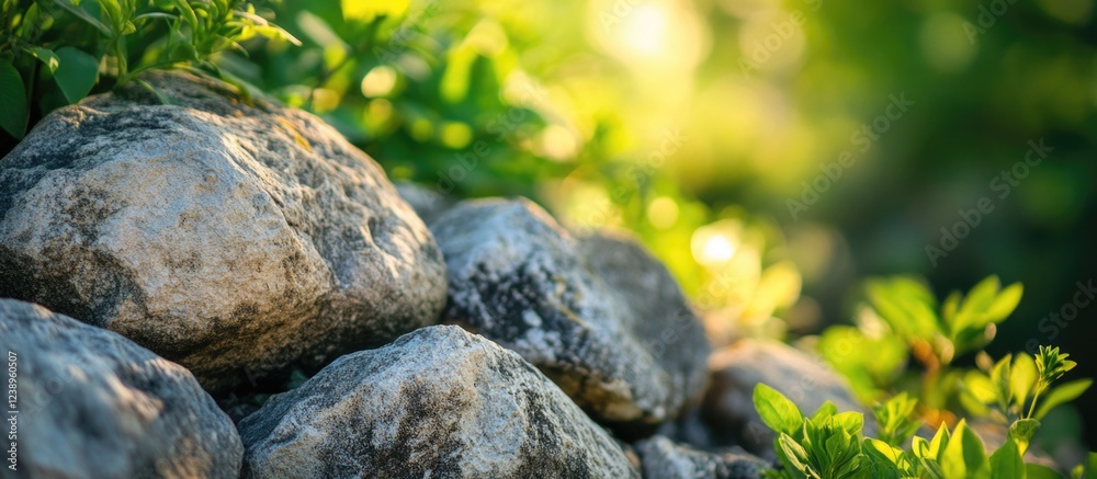 Obraz premium Close-up of textured stones surrounded by greenery with soft sunlight filtering through leaves and copy space for text placement