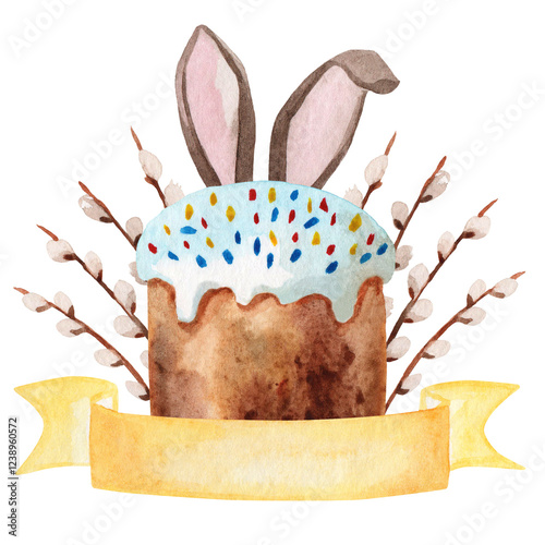 Colorful watercolor Easter willow branches, Easter cake, bunny ears and yellow ribbon with place for text on white background. Watercolor illustration. Spring holiday banner.