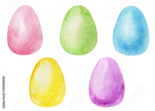 Set of colorful watercolor Easter eggs on white background. Watercolor illustration. Spring holiday banner.