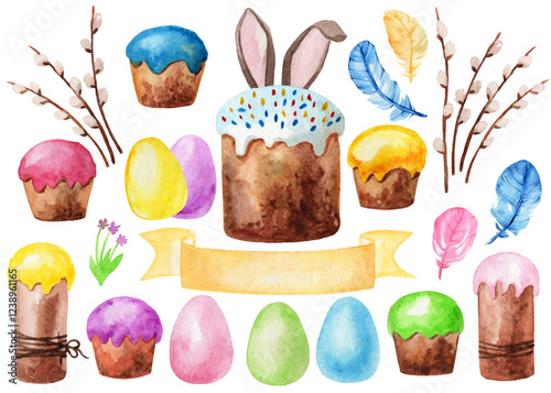 Set of colorful watercolor Easter eggs, Easter cake, bunny ears, willows branches on white background. Watercolor illustration. Spring holiday banner. Easter card.