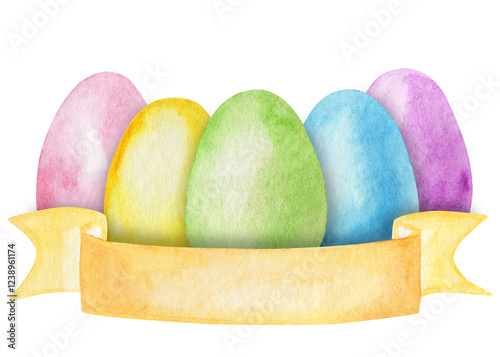 Colorful watercolor Easter eggs on white background. Watercolor illustration. Spring holiday banner.