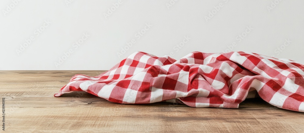 Red and white checked tablecloth crumpled on rustic wooden surface with neutral background Copy Space Red and white checked tablecloth crumpled on rustic wooden surface with neutral background Copy Space