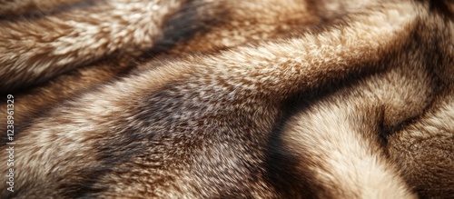 Textured close-up of luxurious faux fur fabric in warm brown tones with soft highlights and shadows suitable for backgrounds Copy Space photo