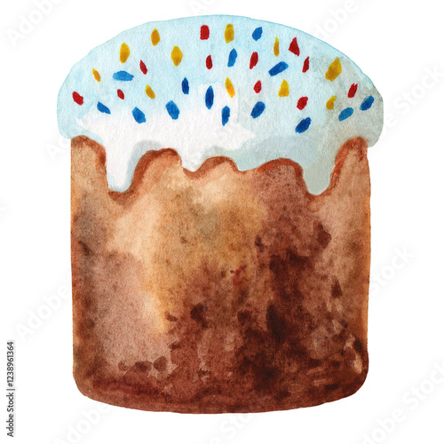 Colorful watercolor Easter cake isolated on white background. Watercolor illustration. Spring holiday banner.